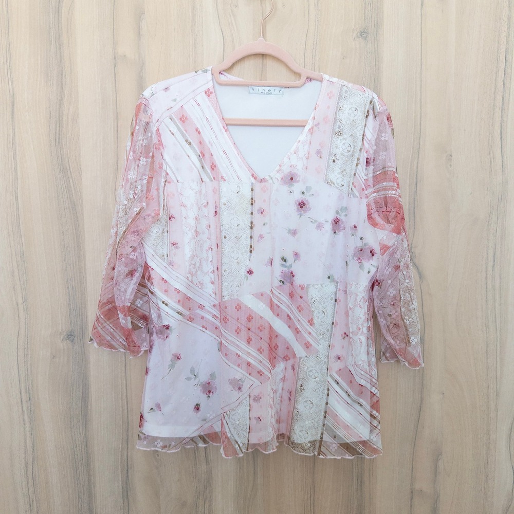 Vintage Y2K Womens Floral Lace Top 1X Pink Patchwork Cottage Fairy Coquette Boho